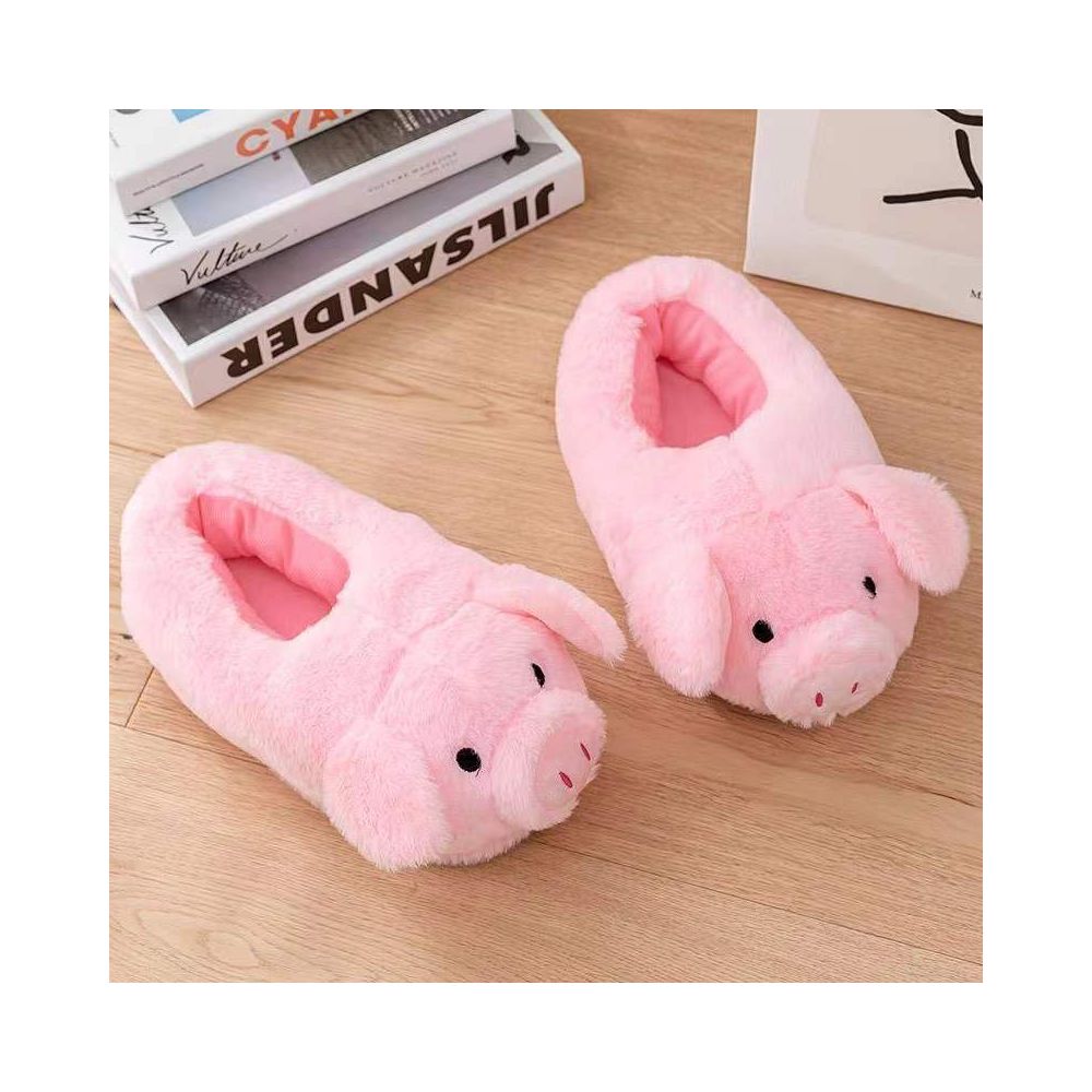 These trendy pink pig cartoon animal slippers are adorable plush and perfect for staying warm and cozy at home image 1